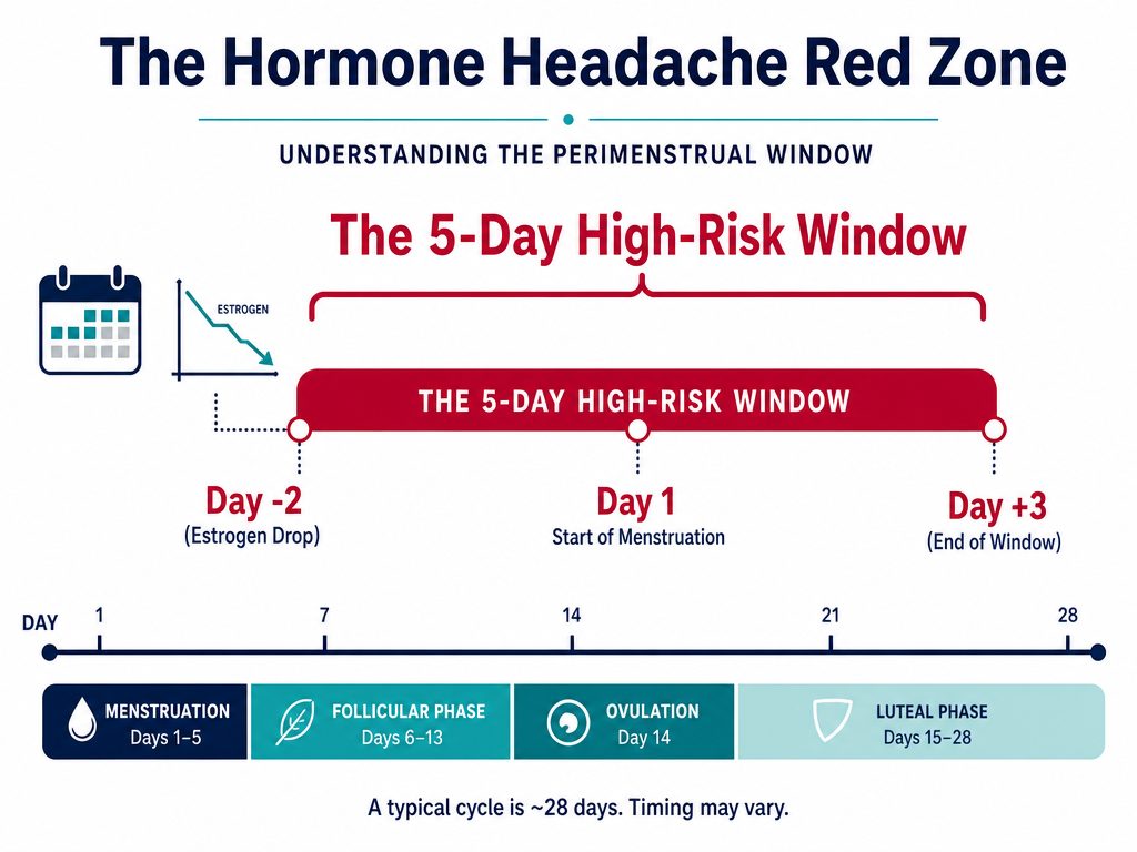 Infographic showing the 5-day hormone headache window from day -2 to day +3 of the menstrual cycle, highlighting the estrogen drop timing.
