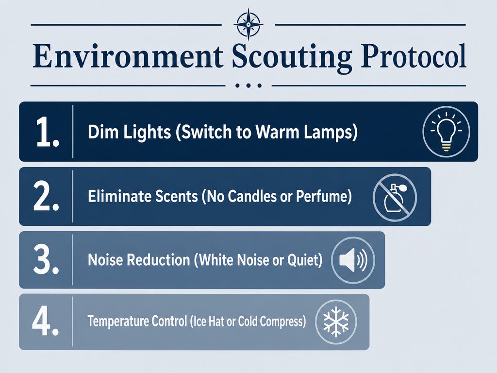 A partner-focused scouting checklist showing four steps: dimming lights, eliminating scents, noise reduction, and temperature control for relief.