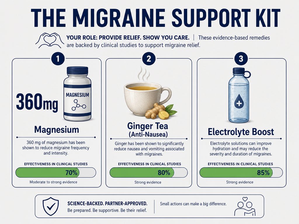 Visual guide of a migraine support kit featuring magnesium, ginger tea, and electrolytes to help alleviate hormonal headache symptoms effectively.