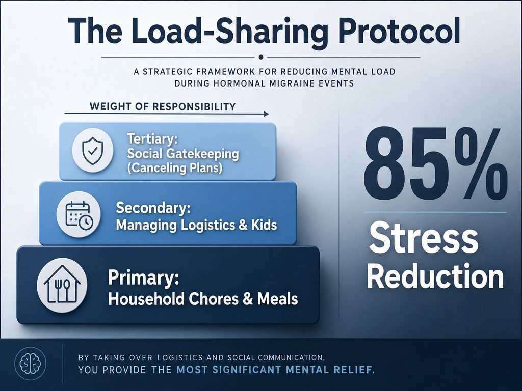 The Load-Sharing Protocol graphic illustrating how partners can reduce stress by taking over chores, logistics, and social gatekeeping tasks.