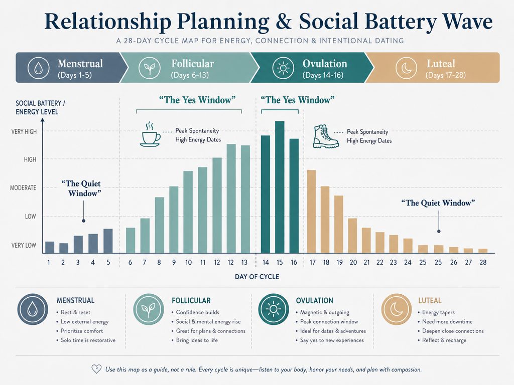 A social battery and energy level chart for a 28-day hormone cycle showing the high-energy 'Yes Window' during the follicular and ovulation phases.