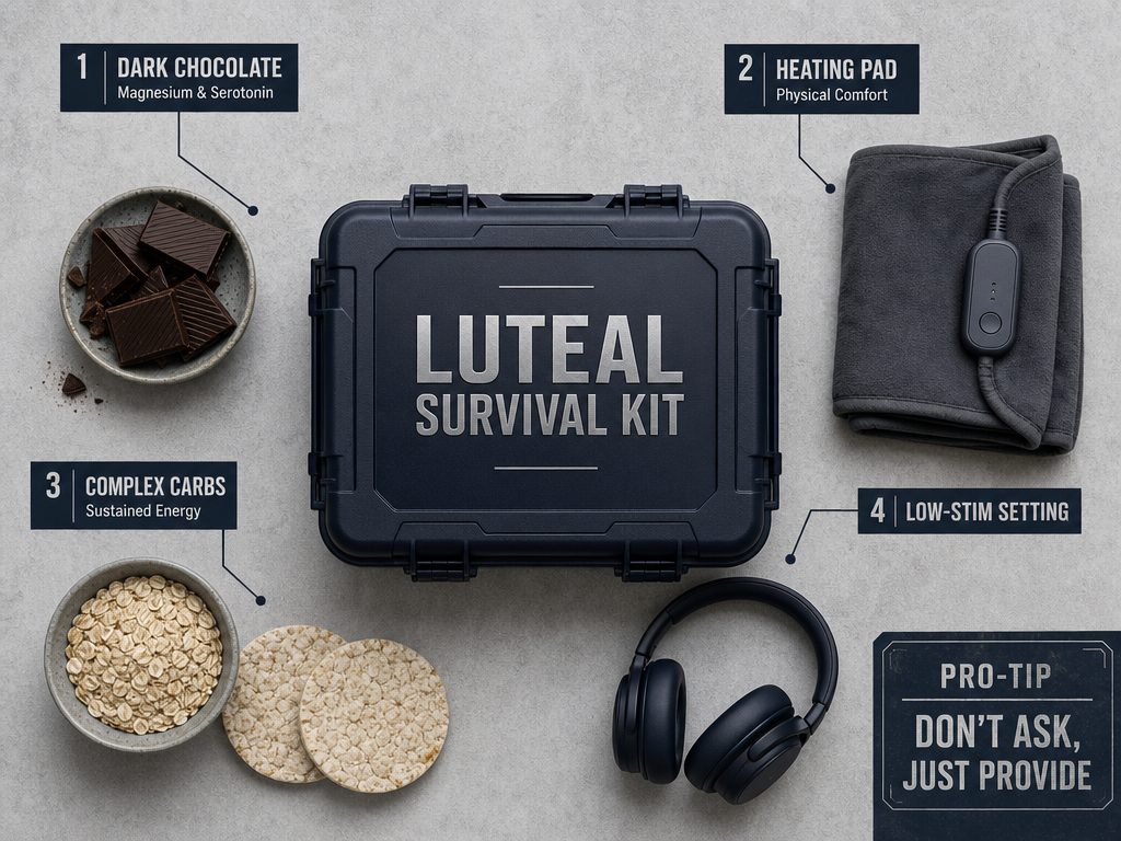 A top-down layout of a Luteal Survival Kit featuring dark chocolate, a heating pad, complex carbs, and noise-canceling headphones for support.