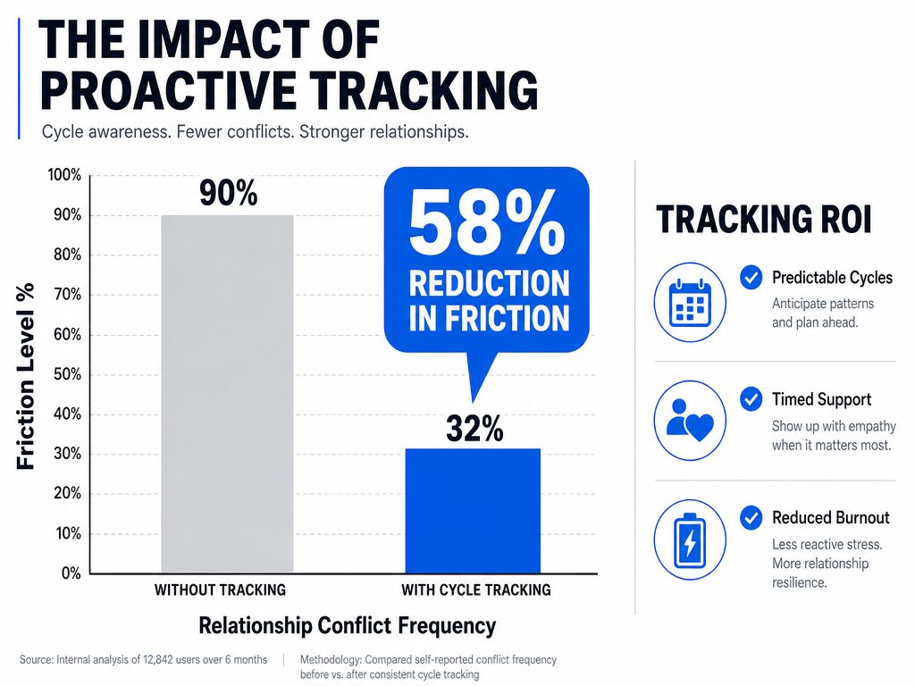 A bar chart showing a 58 percent reduction in relationship friction when partners use cycle-tracking tools compared to couples who do not track.