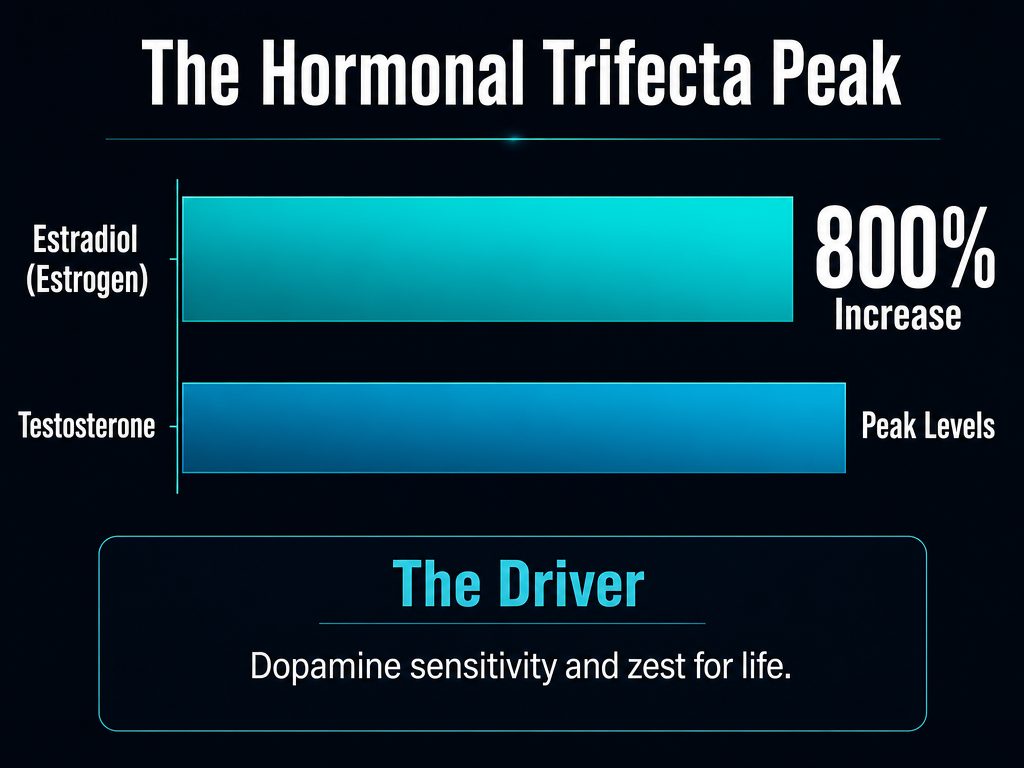 Infographic showing an 800% increase in estradiol and peak testosterone levels during a woman's ovulation phase for relationship planning.