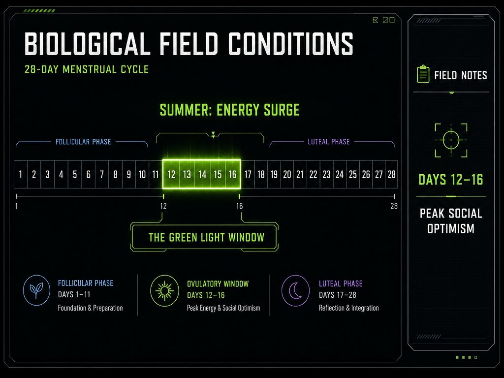A 28-day cycle timeline highlighting the 'Green Light Window' from days 12 to 16 as the optimal time for an energy surge.