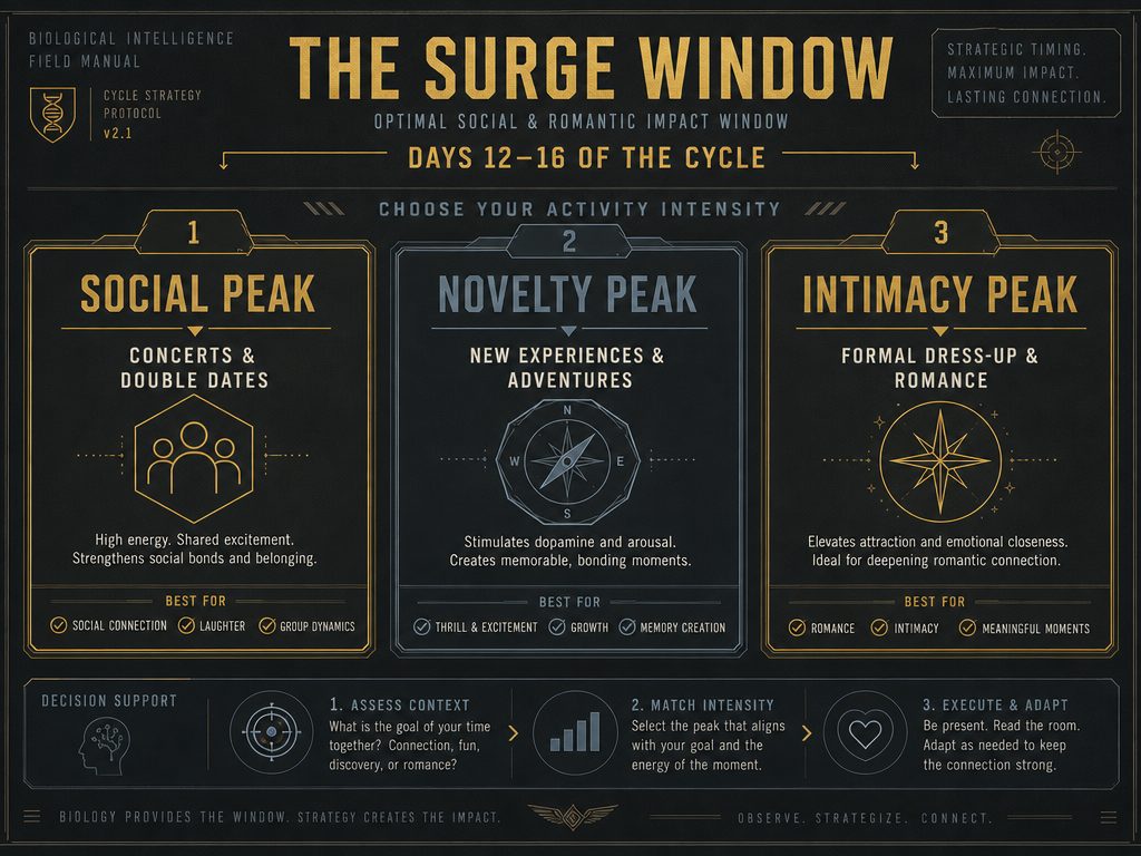 Strategic date category matrix for men featuring social, novelty, and intimacy peaks to match a partner's high-energy ovulation window.