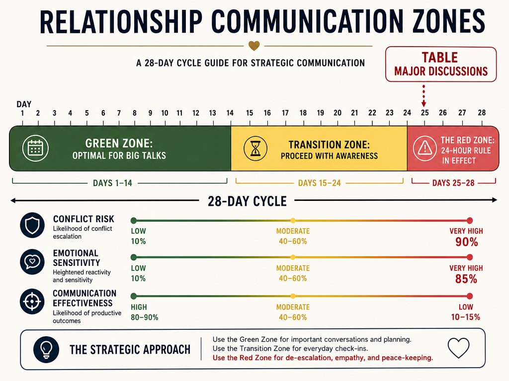 A linear cycle timeline showing the Green Zone for communication and the Red Zone for the 24-hour rule during the late luteal phase.