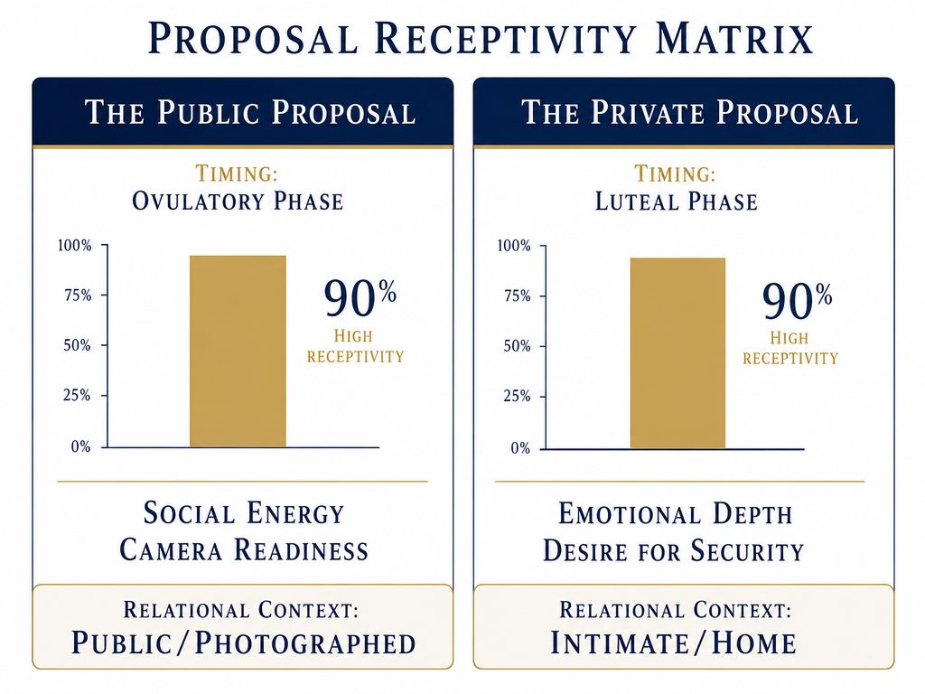 A comparison chart evaluating public versus private proposal suitability based on social energy and emotional depth across different hormonal phases.