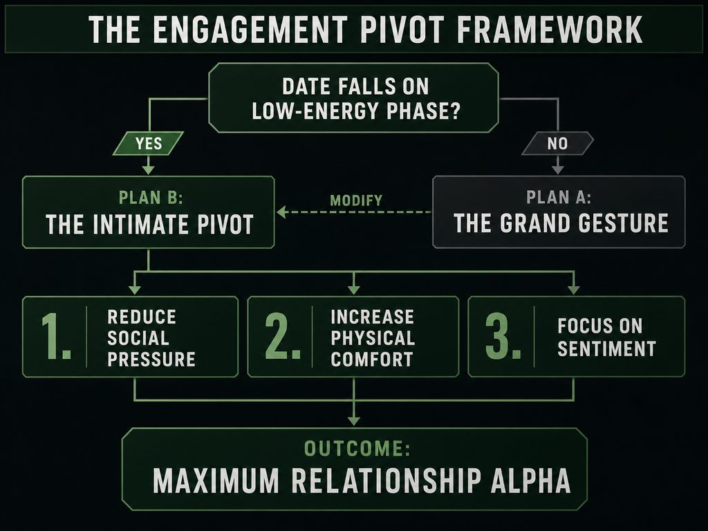 A decision-tree flowchart for men to adjust engagement plans if their girlfriend is in a low-energy cycle phase, focusing on comfort and sentiment.