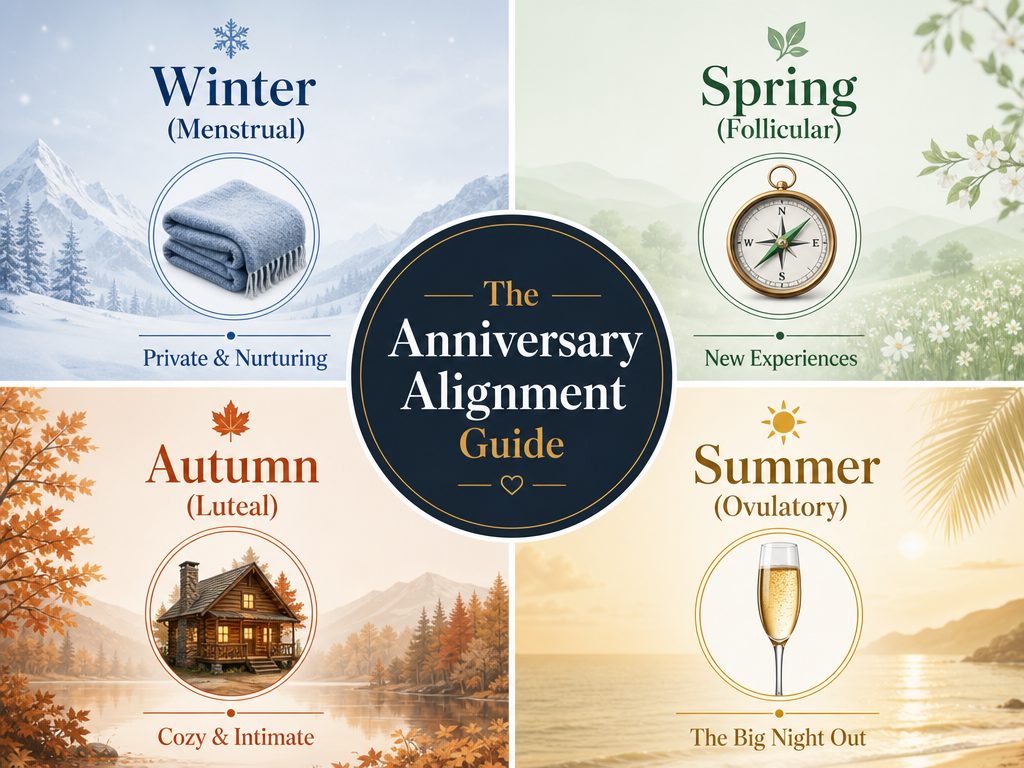 A four-quadrant infographic explaining the four seasons of a menstrual cycle for anniversary planning: Winter, Spring, Summer, and Autumn.
