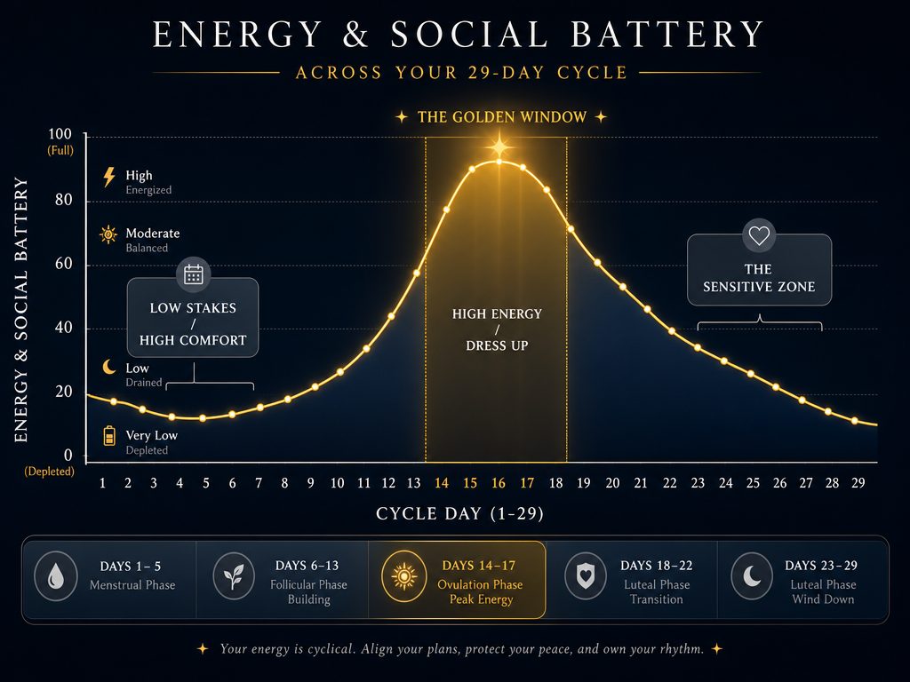 A 29-day cycle energy chart for men showing the golden window for high-energy anniversary dates versus low-stakes comfort days.