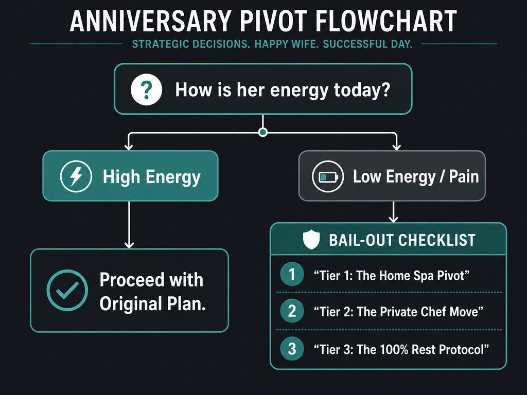 An anniversary planning decision tree for men to help pivot from high-energy plans to low-key comfort based on partner hormones.