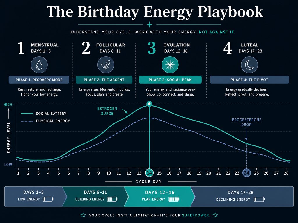 A linear graph showing social energy and physical battery levels across the four phases of a menstrual cycle for birthday planning.