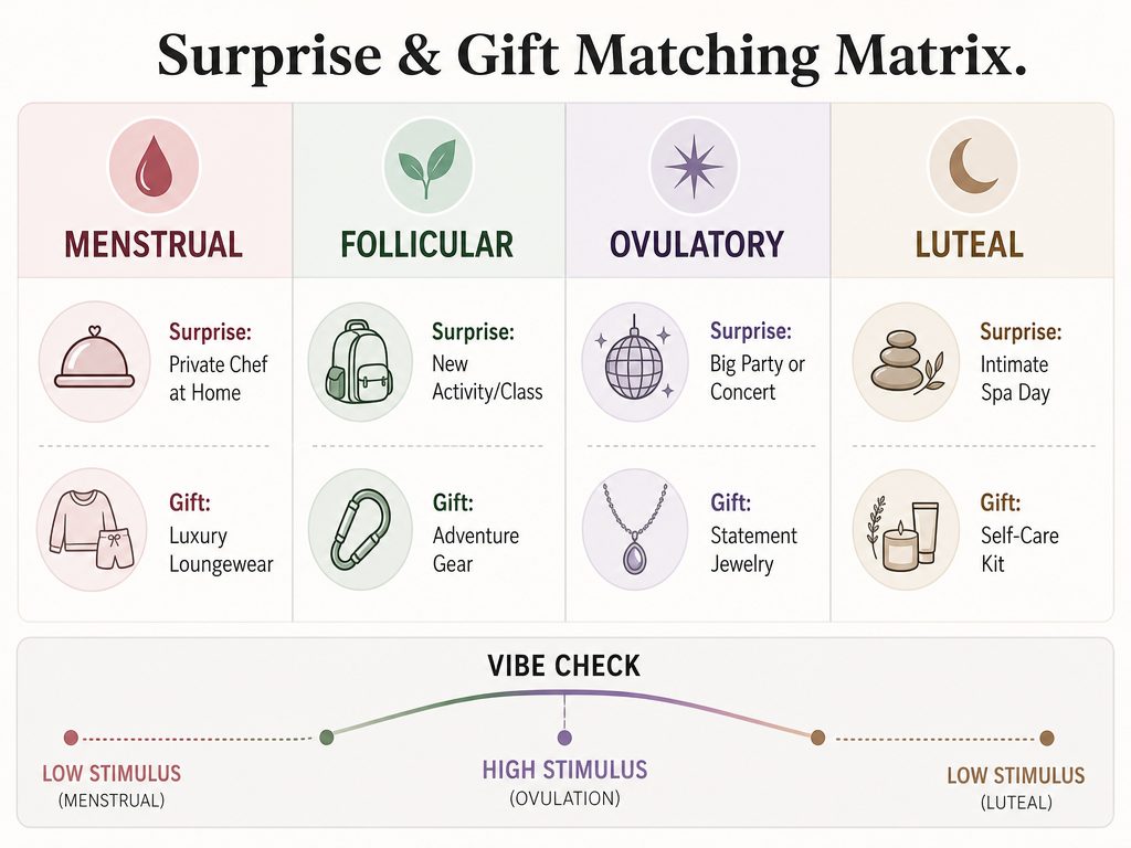 A matrix matching menstrual cycle phases with specific birthday surprise ideas like private chefs for low energy and concerts for high energy.