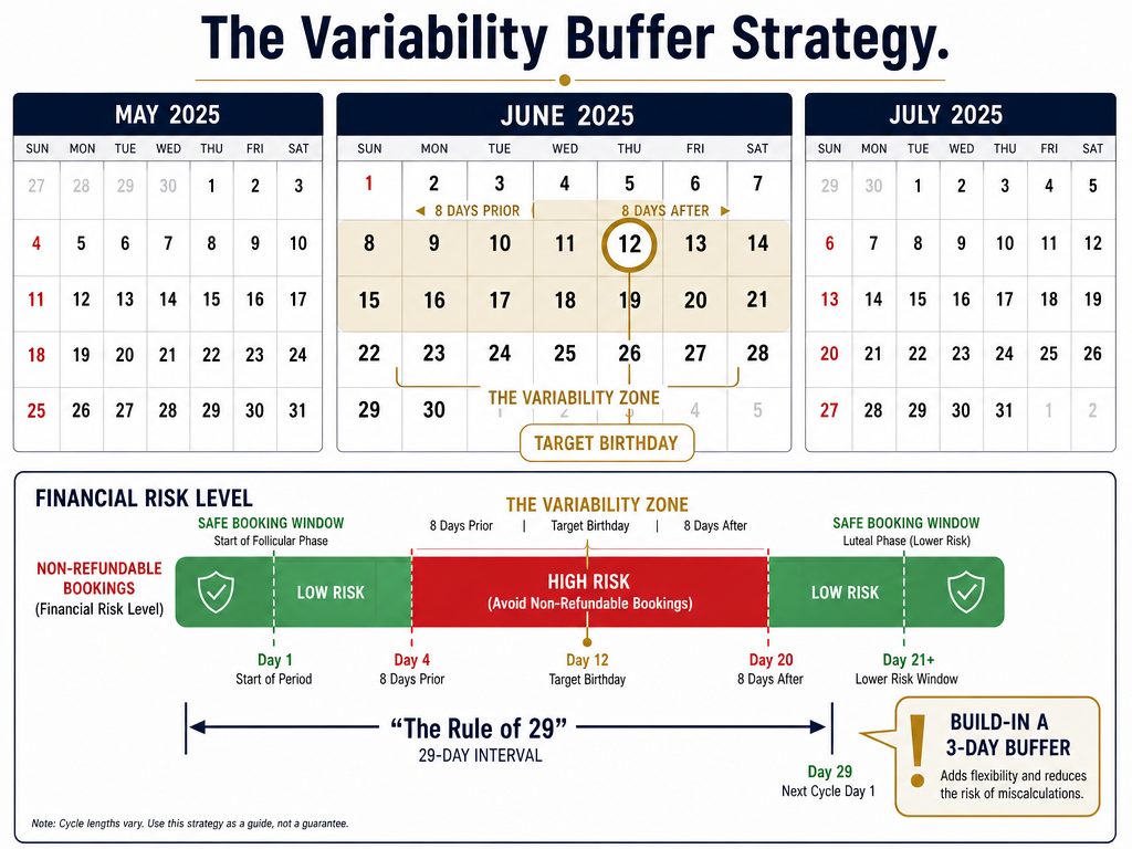 A 3-month calendar visualization showing the 8-day variability buffer and safe booking windows for long-term birthday planning.