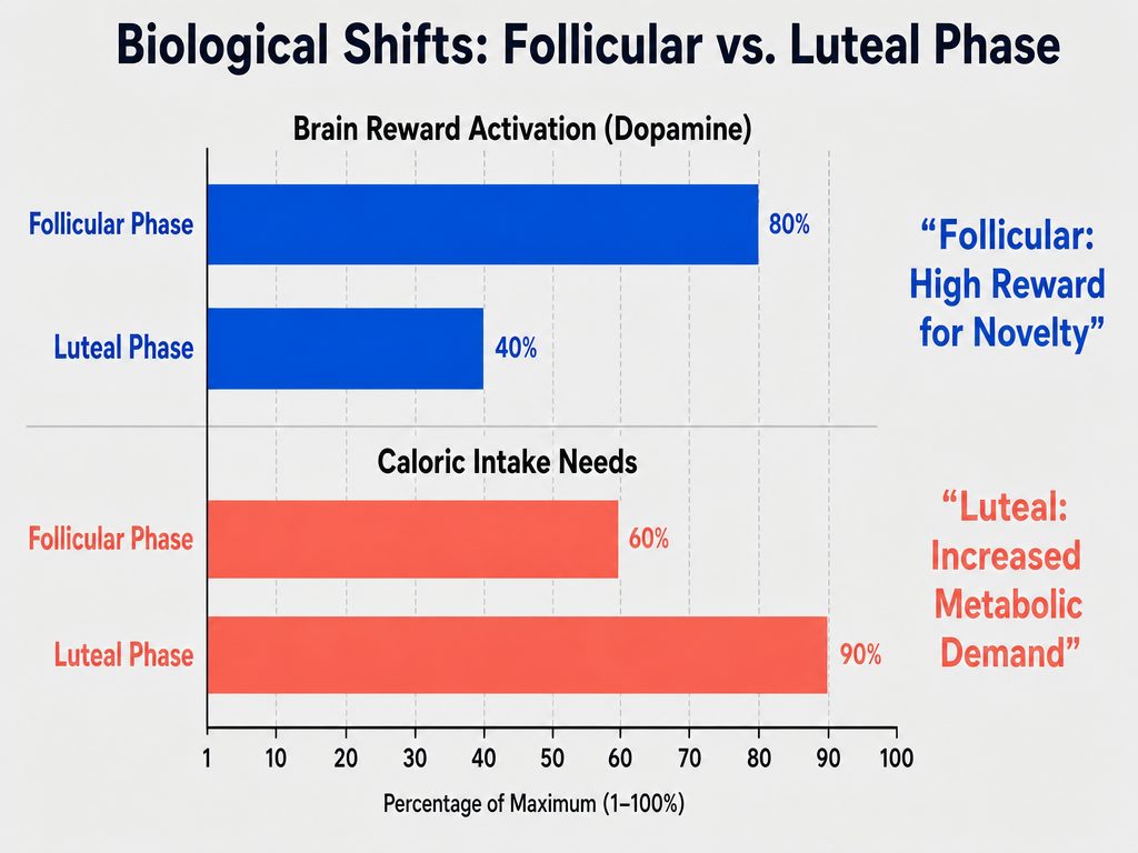 Data visualization comparing brain reward activation and caloric intake between the follicular and luteal phases of the menstrual cycle.