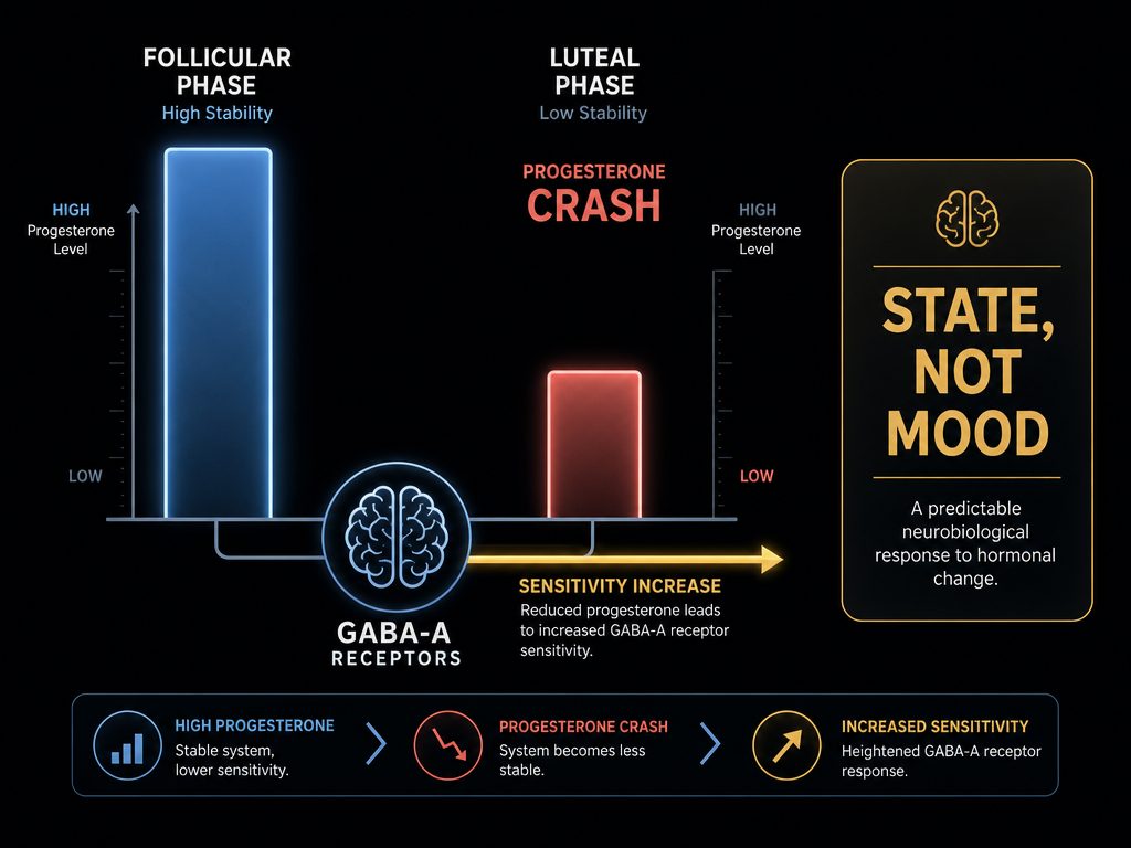 Infographic showing the neurochemical shift during the luteal phase, highlighting the progesterone drop and GABA sensitivity.