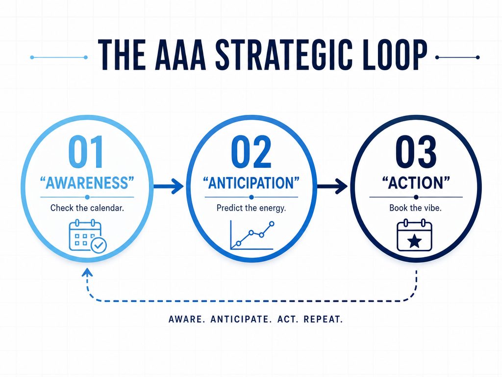 A 3-step process chart showing the Awareness, Anticipation, and Action loop for strategic travel planning based on a partner's cycle.