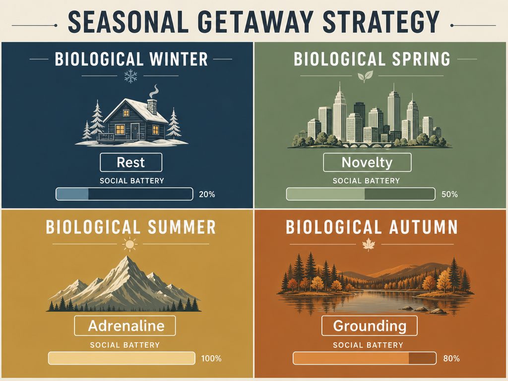 A four-quadrant chart titled Seasonal Getaway Strategy mapping biological phases to travel styles like Rest, Novelty, Adrenaline, and Grounding.