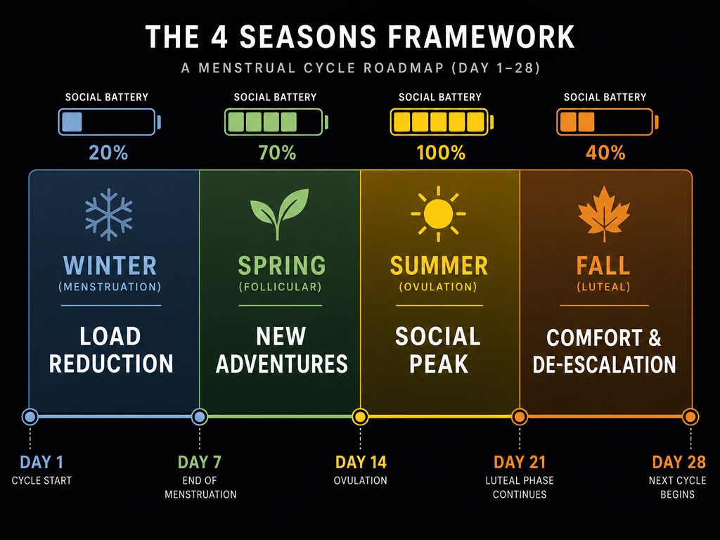 Infographic showing the 4 seasons of the menstrual cycle - Winter, Spring, Summer, Fall - with social energy battery levels and date planning strategies.