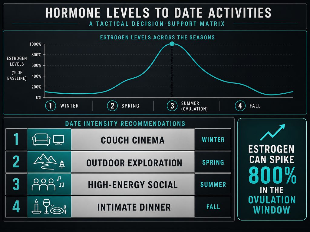 A hormone-based date planning matrix comparing estrogen spikes to date intensity levels like Couch Cinema and High-Energy Social outings.