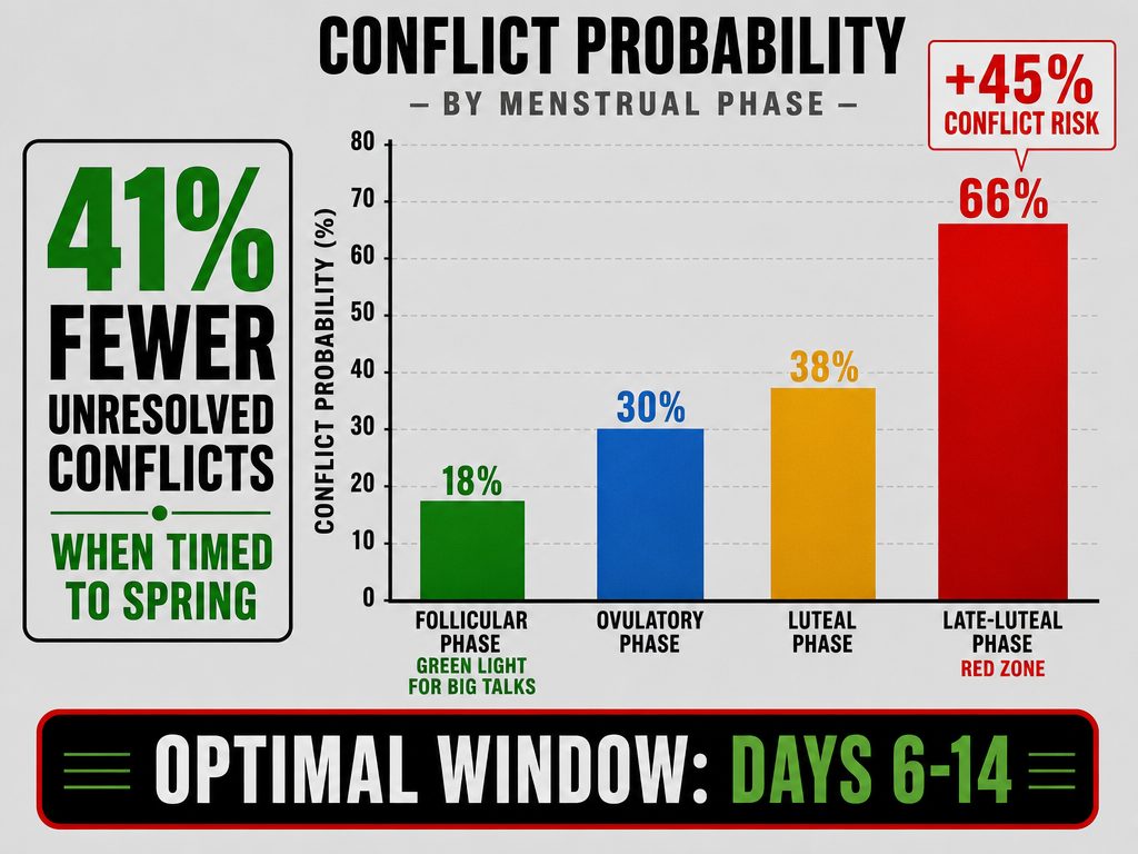 Data visualization showing conflict risk during the late-luteal phase versus the 41 percent conflict reduction during the follicular phase.