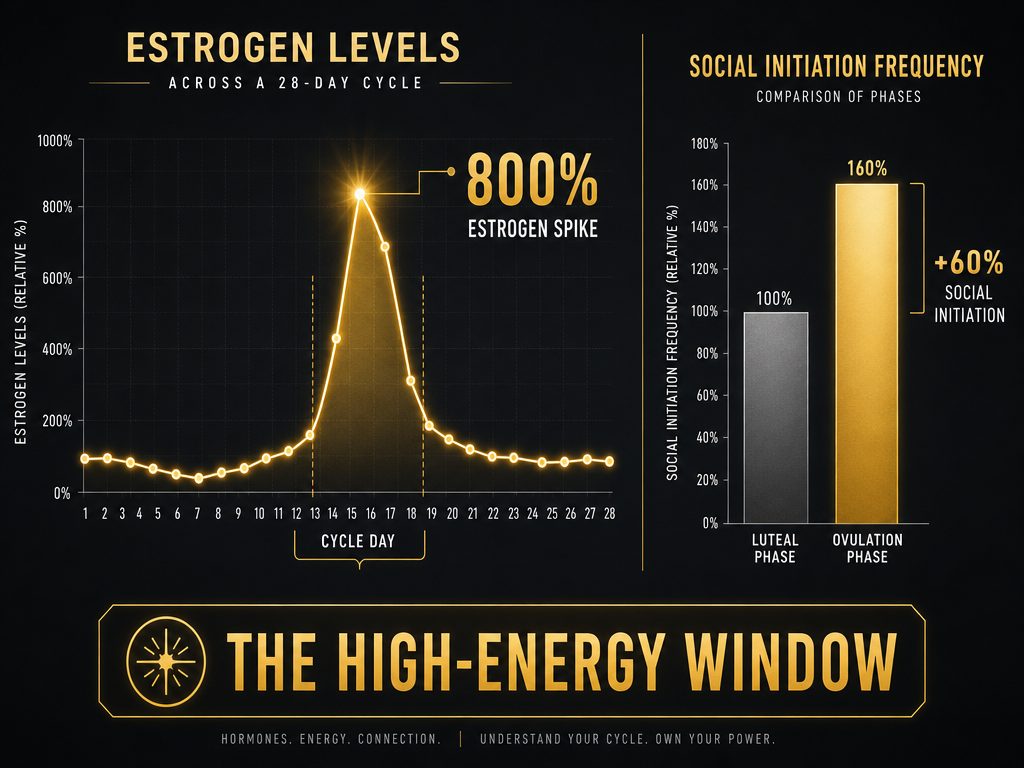 A line graph illustrating the 800 percent estrogen spike during ovulation and its correlation with increased social initiation and energy.