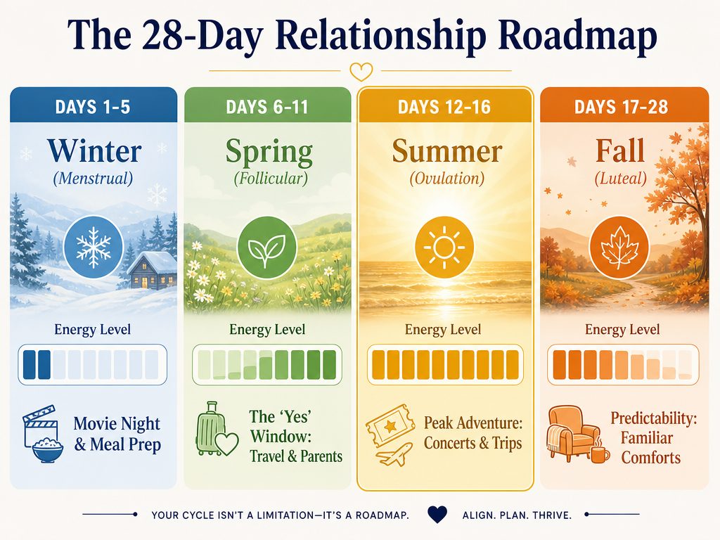 An infographic showing the four seasons of the menstrual cycle with specific date planning ideas and energy levels for each phase.