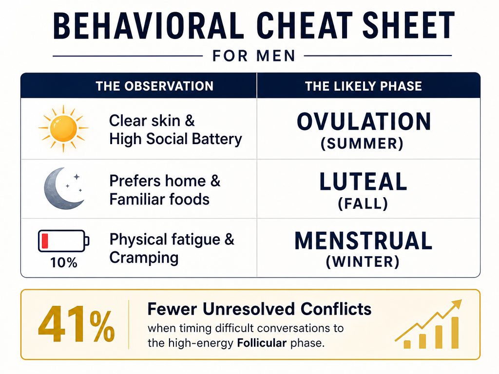 A behavioral decoding cheat sheet showing physical and social cues to help identify a partner's current hormonal cycle phase.