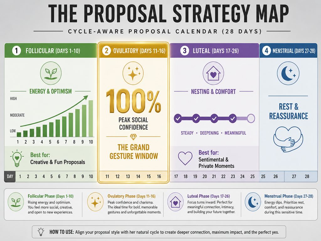 This Cycle-Aware Proposal Calendar helps you align your engagement style with her biological peak, ensuring she feels her most confident and receptive when you pop the question.
