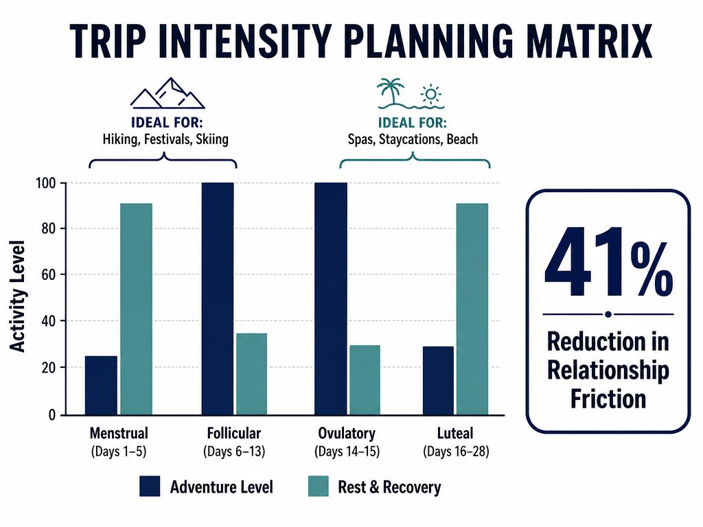 A bar chart comparing trip adventure levels versus rest levels across the four cycle phases, highlighting optimal times for high-intensity travel.