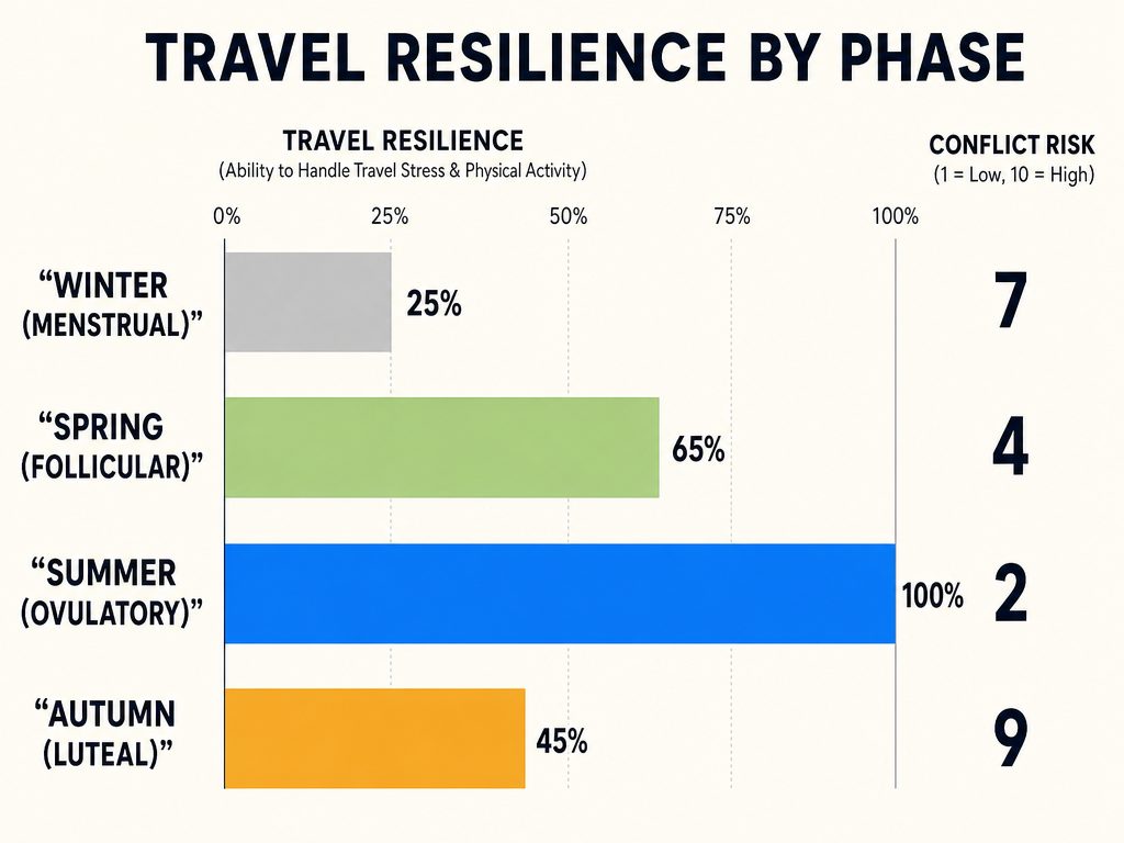 Horizontal bar chart showing travel resilience and energy levels across the four cycle phases, indicating peak resilience during the summer phase.