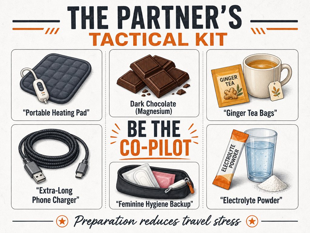 An illustrated checklist for men showing tactical items to pack for their partner, including a heating pad, dark chocolate, and ginger tea.