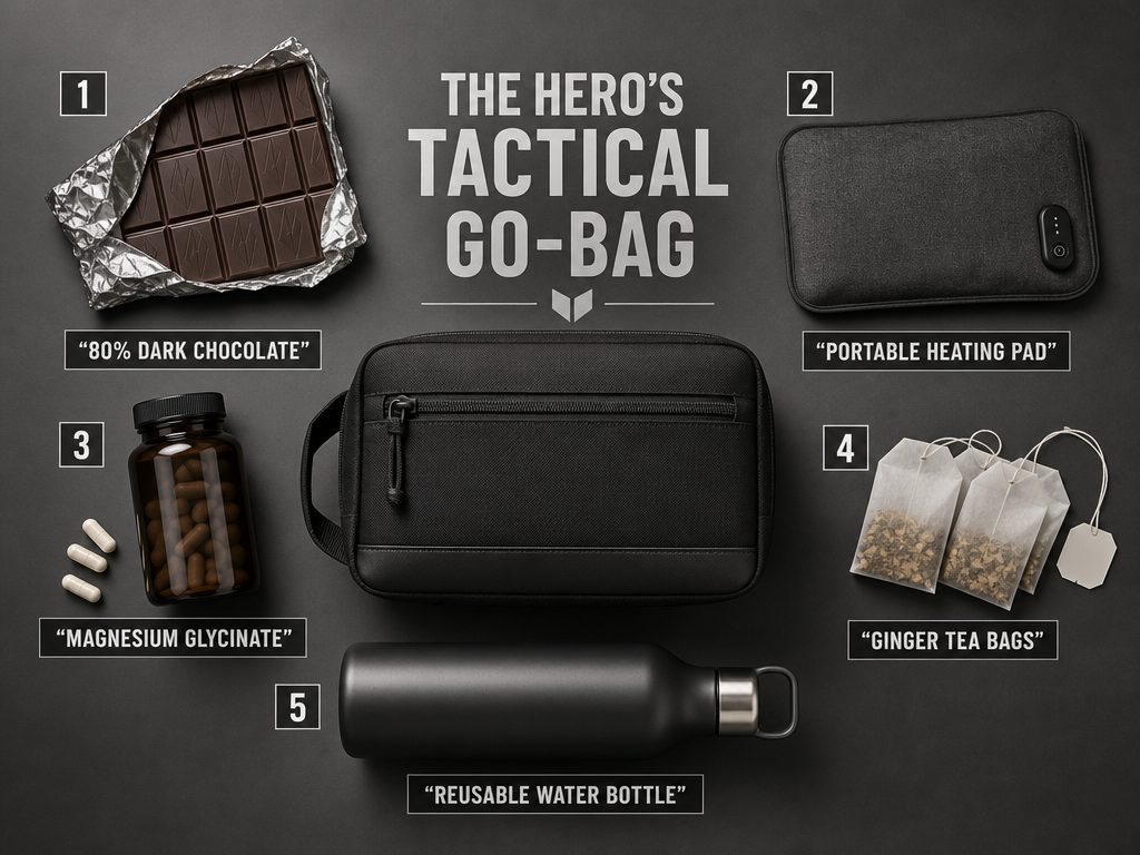 Flat-lay of a travel support kit including dark chocolate, heating pad, and magnesium, labeled as the Hero's Tactical Go-Bag for partners.