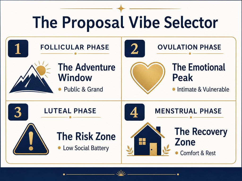 Matching your proposal style to her current cycle phase ensures the environment aligns with her biological social battery and emotional capacity for the best experience.
