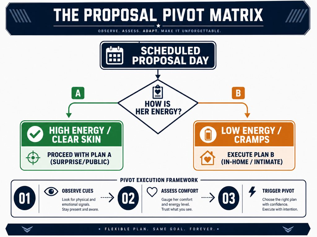 A 'Plan B Protocol' provides a tactical safety net, allowing you to pivot your proposal strategy if her cycle shifts or symptoms arise unexpectedly.