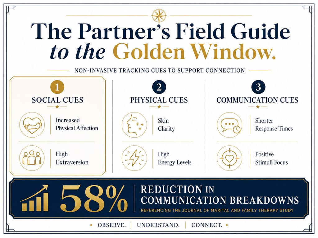 An infographic guide for partners listing social, physical, and communication cues to identify the optimal 'Golden Window' for a marriage proposal.