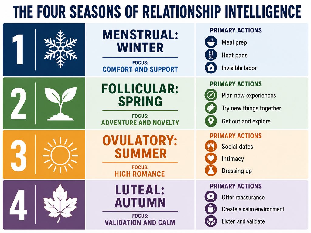 Comparison chart showing the four phases of a menstrual cycle as seasons with specific romantic gestures and support actions for each phase.