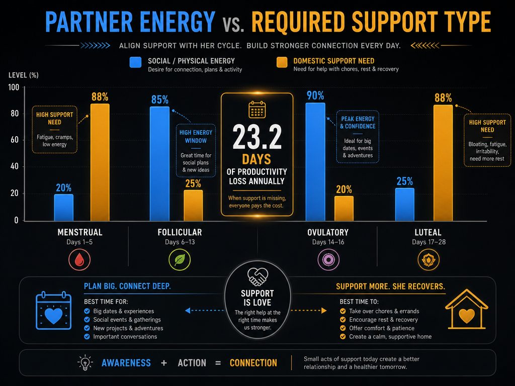 Bar chart comparing female energy levels and domestic support needs across the four phases of the menstrual cycle for romantic planning.