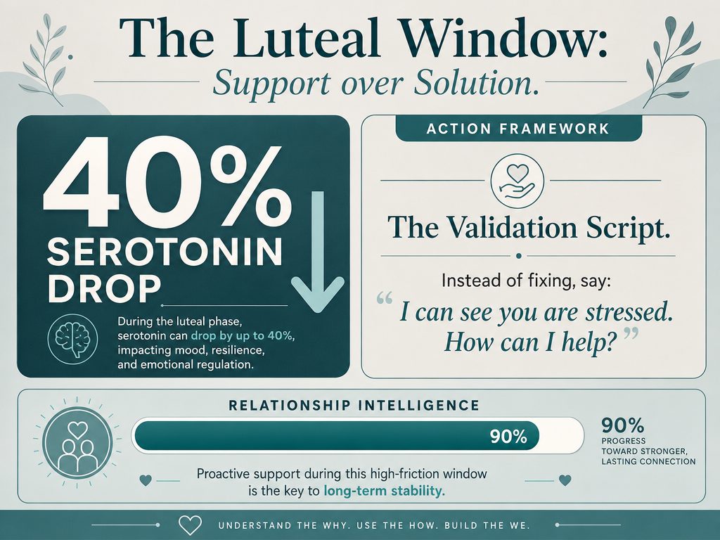 Infographic showing the 40% serotonin drop in the luteal phase and providing a validation script for partners to use during high-stress windows.