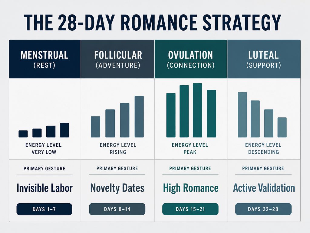 A 4-phase relationship strategy chart mapping the menstrual cycle phases to specific romantic gestures and partner energy levels.