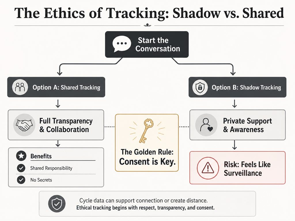 A decision-tree flowchart comparing transparent 'shared tracking' versus private 'shadow tracking,' emphasizing the importance of consent and communication.