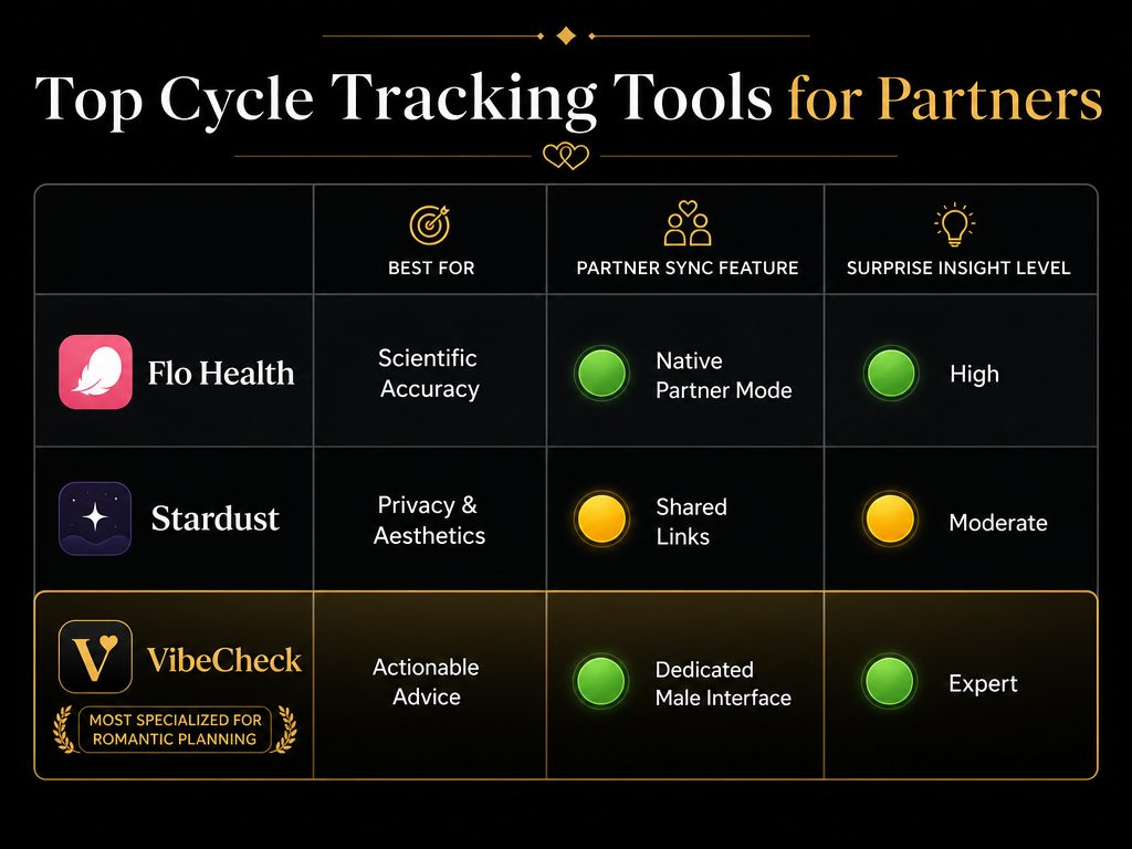 Comparison table for Flo, Stardust, and VibeCheck apps focusing on partner sync features, actionable insights, and romantic planning tools for men.