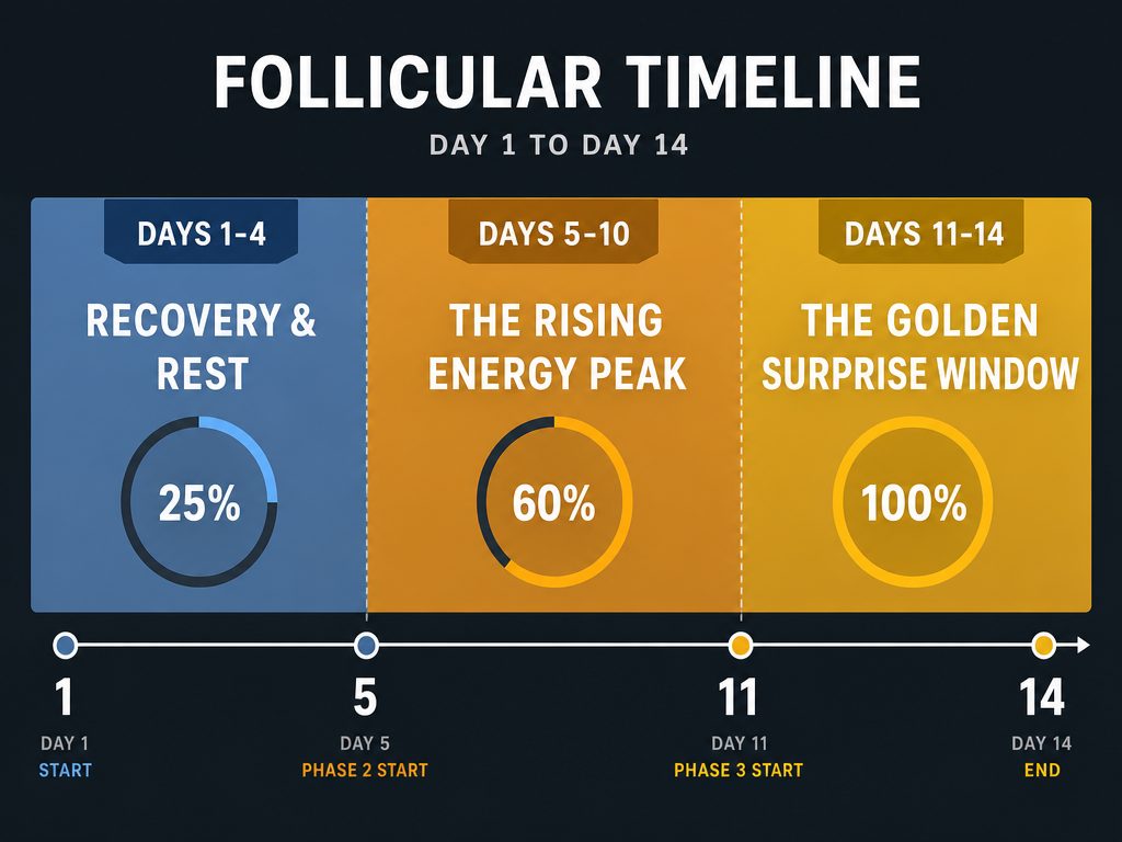 A horizontal timeline of the follicular phase from Day 1 to 14, highlighting the Golden Surprise Window between days 11 and 14 for optimal planning.