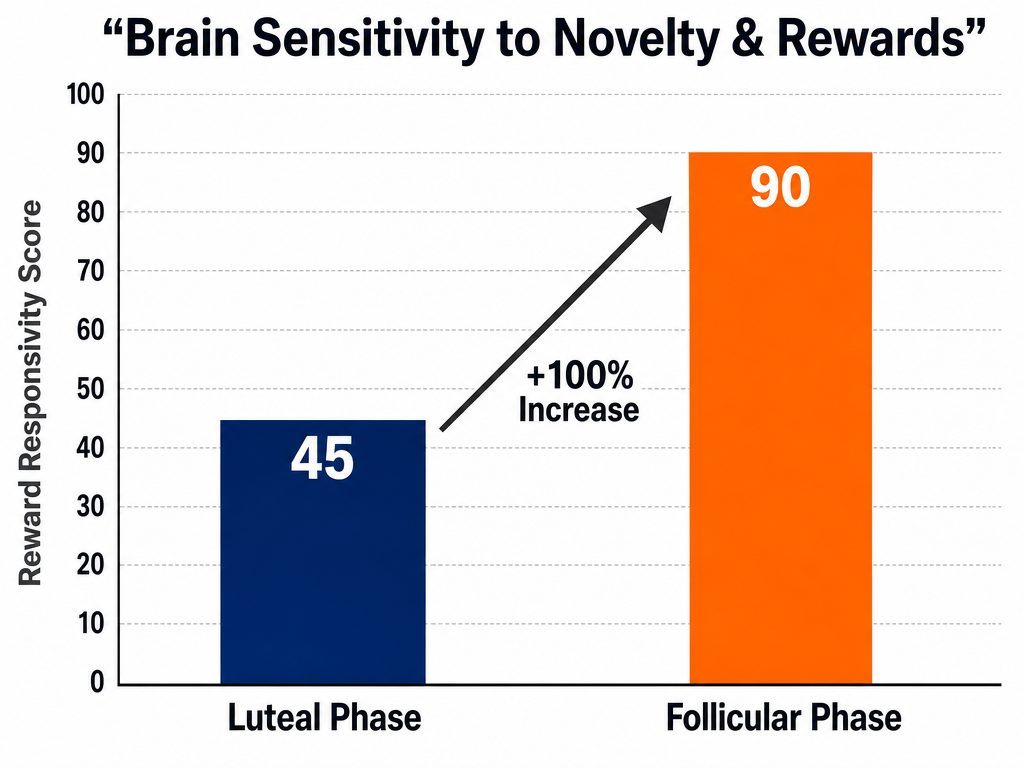 A bar chart showing that brain reward sensitivity doubles during the follicular phase compared to the luteal phase, based on neuroscientific research.