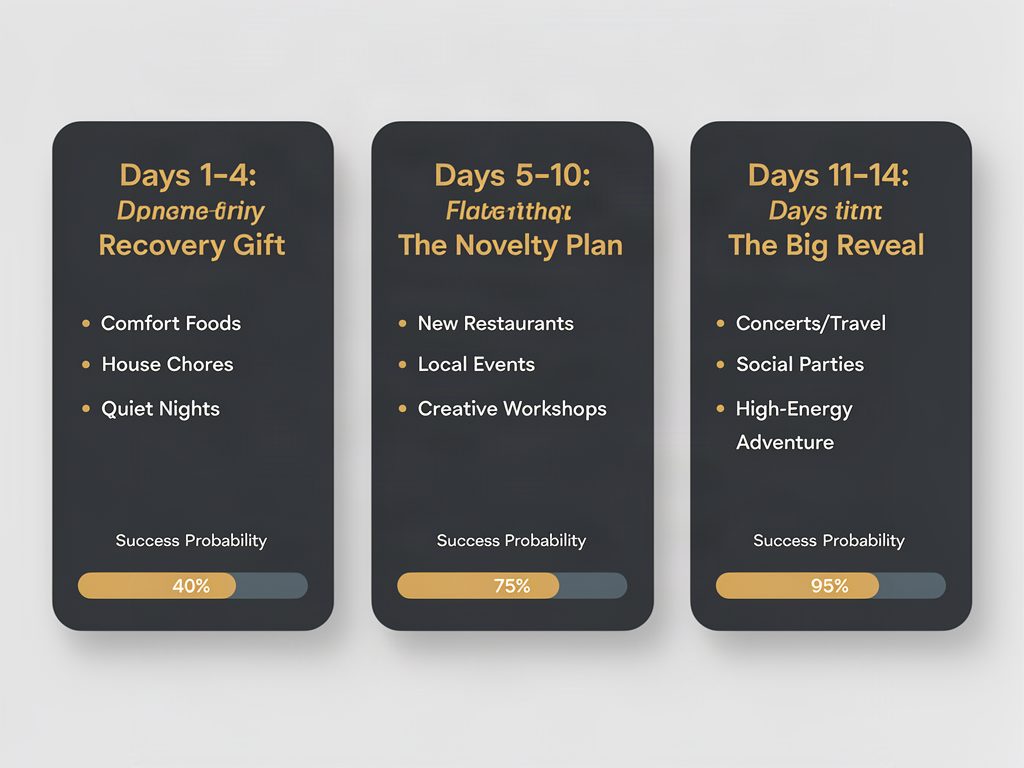 A tactical surprise matrix categorizing gift and event ideas by cycle day, with success probabilities increasing toward the late follicular phase.