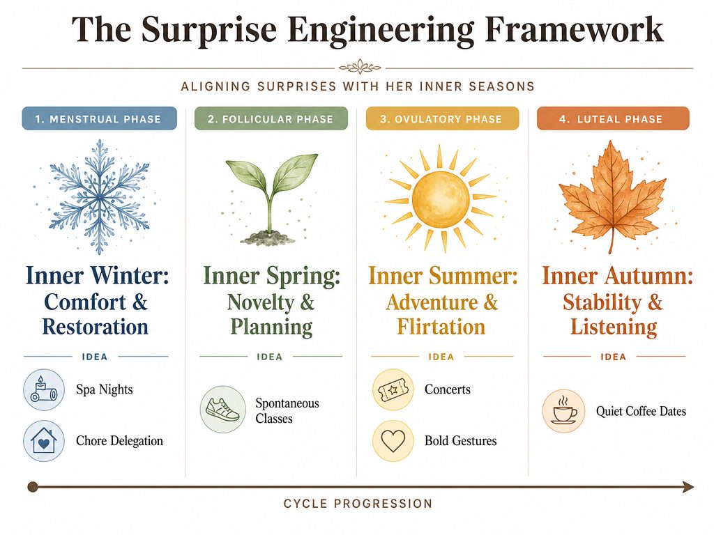 Infographic mapping the four cycle phases - Winter, Spring, Summer, Autumn - to specific romantic surprise goals like comfort, novelty, adventure, and stability.