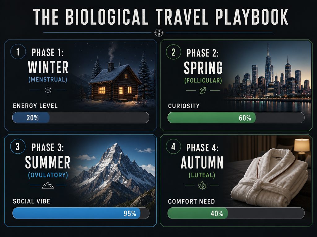 Infographic mapping the four menstrual cycle phases to specific travel energy levels and vacation types for relationship planning.