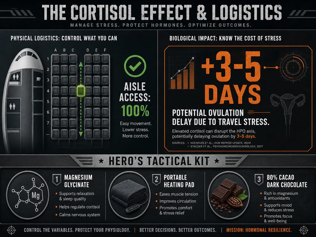 Tactical travel infographic showing the impact of cortisol on cycle timing and essential items for a partner's period travel kit.