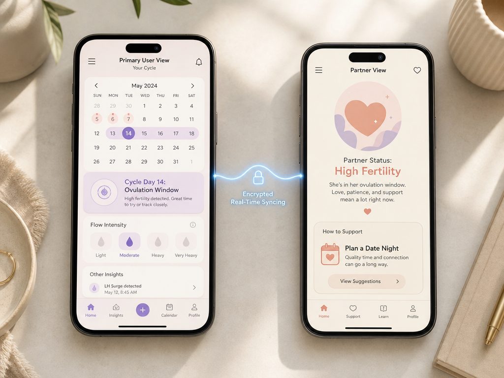 Side-by-side view of a period tracker app on two phones, showing the difference between the primary user interface and the partner dashboard.